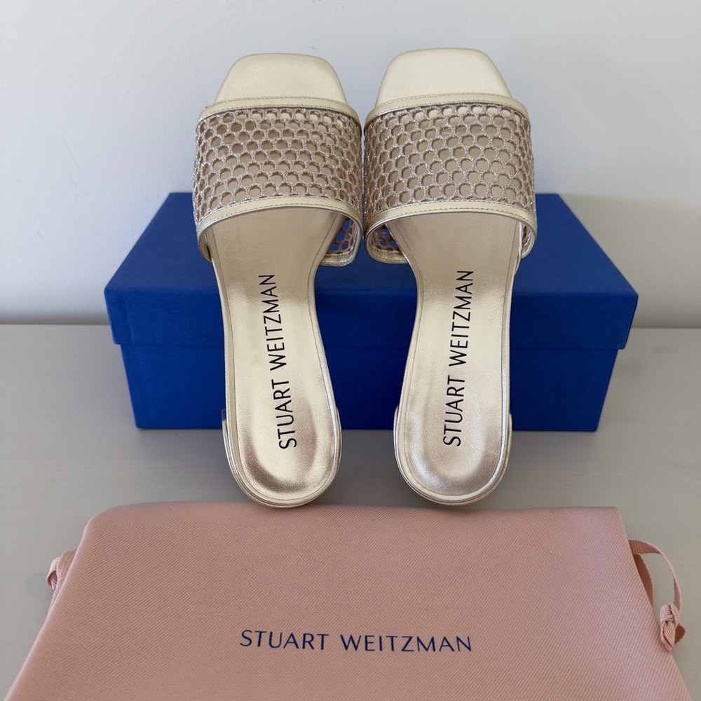 NIB Stuart Weitzman Cayman 35 Block Slide Sandals Gold Size EU38/US7.5